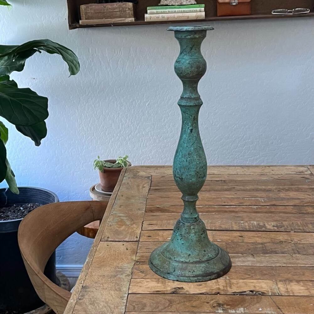 VIntage Turquoise Candlestick Holder 16" Tall Bronze Green Patina Finish